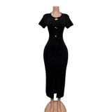 Body-Stupling Short-Sleeved Bag Hip Dress Gold Metal Buckle Open-Fork Solid Color