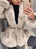 Fur Patchwork PU Leather Jacket Women Fashion Contrast Color Plush Collar Winter Warm Cardigan with Belt Outwear 2023-Outfit
