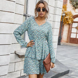 New Casual Dresses For Women Autumn Floral Print Elegant Office Dress Vintage V Neck Long Sleeve Mini Dress Robe