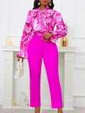 New Fashion Print Strap Long-Sleeved Top High-Waisted Trousers