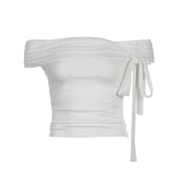 Word Solid Color Irregular Bandage And Knot On The Shoulder Is Sexy In Summer, Wrinkled And Skinny T-Shirt.-Outfit
