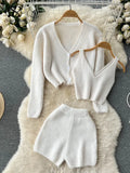 Fashion Solid Women Knit Suits Single Breasted V Neck Cardigan+Mini Camis+Slim Short Pants Sweater Three Piece