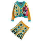 2021 New Arrival V Neck Long Sleeve Knit Cartoon Cardigans and A-Line Mini Skirts 2 Pieces Sets Korean OL Elegant