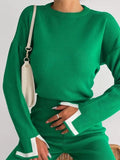 Women Casual Contrast Slit Sweater Suits O-Neck Knitted Pullover And Wide Leg Pants Female 2 Piece Set Elegant Warm Lilac