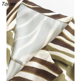 Women Vintage Short Sleeve Animal Striped Print Buckle Belt Midi Shirt Dress Female Chic Side Zipper Vestidos