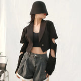 High Street Cut Out Solid Coat For Women Notched Collar Long Sleeve Minimalist Blazers Female Fashion Clothing