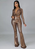 Tan Color Sexy Crop Top and High Waist Flare Pants 2PC Party