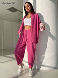 Solid Womens Tracksuit Long Sleeve Shirts And Elastic Waist Pants Lae-Up Casual 2 Piece Ladies Pants Set Button