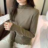 Velvet Bottomed Blouse With A New Autumn And Winter Black Semi-High Collar And A Polished Woolen Blouse In The Middle Of The Ear.-Outfit