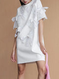 TWOTWINSTYLE Patchwork Bowknot Dress For Women Round Neck Short Sleeve Loose Solid Mini Dresses Female Summer Clothing