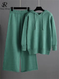 Female Winter Casual Sweater Sets Loose Hooded Sweater+ Wide Led Long Pants 2022 Winter Solid Knitted Two Pieces