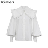 Big Peter Pan Collar Ruffle Womens Blouse Long Sleeve White Cotton Casual Tops Female 2022 Spring Summer Frill