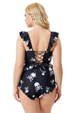 High-Waisted Skulls Print Ruffles Plus Size Two Piece