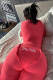 V-neck Buttons Sexy Rompers Women Long Sleeve Jumpsuits Autumn Letter Embroidery Sleepwear Back Flap Streetwear-Outfit