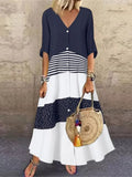 New Women's Skirt Fashion Temperament V-neck Short Sleeve Printed Stripe Polka Dot Stitching Long Button Casual