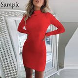 Backless Bodycon Women Dress Long Sleeve Turtle Neck Sexy Party Club Dress White Black Red Summer Mini Dress Autumn