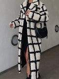 Lamb Plaid Lapel jacket Women Elegant ladies Full Sleeve Long Coat 2022 Fall Winter Button Pocket Casual