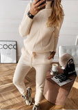 Casual Beige High Collar Long Sleeve Top And Pant Sweater 2 Piece