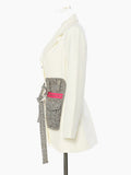 Women Black Tweed Pocket Elegant Long Blazer New Lapel Long Sleeve Loose Fit Jacket Fashion Spring Autumn 2023