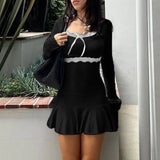 Girl Lace Lace Stitching Bow Square Collar Slim Low Waist Solid Color Pleated Dress 2024-Outfit