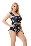 High-Waisted Skulls Print Ruffles Plus Size Two Piece