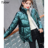 Women Shiny Parkas Thicken Warm Stand Collar Jacket Loose Zipper Coat Korean Fashion Outerwear Female Streetwear
