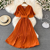 summer new V neck short sleeved dress over the knee slim temperament waist tie big swing pleated Solid Color High