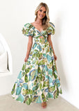Spring Summer New Temperament Printing Bubble Sleeve High-End Dress