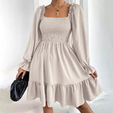 Celmia Elegant Women Ruffled Sundress 2022 Puff Long Sleeve Sexy Square Collar Mini Dress Casual Solid Pleated Party