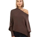 Autumn Winter Sweaters Full Sleeve Women Tops Solid Slash Neck Casual Loose Knitted Pullovers Regular Slim Fit Splice-Outfit
