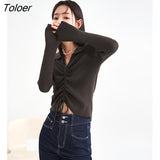 Women Knitwear 2023 Spring Long Sleeves V Neck Slim Sexy Sweaters Drawstring Design Coffee Y2K Fashion Chic