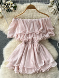 Ruffled Elastic Solid Mini Dress Chic Women Summer 2022 Slash Neck Ruched Elegant Vacation Ladies A Line Beach
