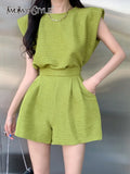 Green Loose Two Piece Set Womens Round Neck Sleeveless Tops High Waist Shorts Solid Minimalist Sets Female