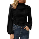 New T Shirt Women Clothing Solid Stand Neck Long Sleeve Plus Size Fashion Ruched Chic Tops Ladies Casual Slim Tee