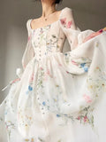 Elegant Floral Midi Dress for Women Party Evening Chiffon Long Sleeve Fairy One Piece Dress Korean Beach Summer