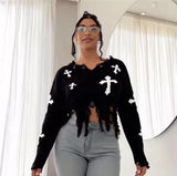 Hole Tuxed Sweater Dark Long Sleeve Loose Knitted