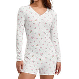 Women Floral Print Short Romper Spring Autumn Clothes V Neck Button-Down Long Sleeve Tight Jumpsuit Female Clothing-Outfit