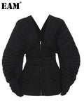 Women Black Pleated Belt Temperament Blazer New V-collarLong Sleeve Loose Fit Jacket Fashion Spring Autumn 2023