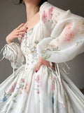 Elegant Floral Midi Dress for Women Party Evening Chiffon Long Sleeve Fairy One Piece Dress Korean Beach Summer