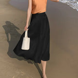 Summer New Women's Skirts Fashion Elegant Acetic Acid Fabric Midi Length High Waist Streetwear Satin Thin White Woman