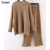 Autumn Knit Outfits Women Two Piece Sets Rib Loose Pullover And Wide Legs Pants Streetwear Sweater Suit Matching