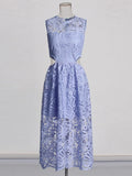 2025 New Fashion Round Collar Solid-Colored Flower Embroidered Lace Hollow Design With High-End Feel Dress