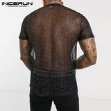 Fashion Men Mesh T Shirt Transparent Short Sleeve Slim Shiny Party Nightclub Sexy Thin T-shirts 2021 Breathable