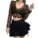 Women Lace T-shirts Fall Winter 2024 Sexy Mesh Crop Top Clothes 2000s Clothes y2k Fairy Grunge Long Sleeve Top Streetwear Club-Outfit