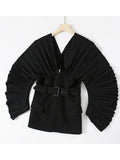 Women Black Pleated Belt Temperament Blazer New V-collarLong Sleeve Loose Fit Jacket Fashion Spring Autumn 2023