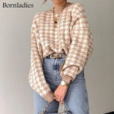 Houndstooth Oversized Knitted Sweater Women Long Sleeve Loose Plaid Pullover Female Autumn Winter Retro Jumper