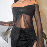 Vintage Black Mesh Sexy Crop Top Split Flare Sleeve See Through T Shirt Bling Ruched Backless Slash Neck Tee Women
