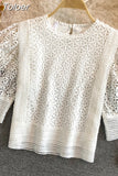Women Blouses O-neck Puff Sleeve Crochet Floral Shirts Chic Hollow Out Blouse Lace Sweet Temperament Tops