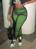 Autumn Streetwear Skinny Pants Women 2022 High Waist Casual Elastic Patchwork Ruched Green Pants Fashion Trousers