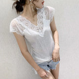 Summer Sexy Lace Women Blouse New V Neck Glitter Sequin Gauze Patchwork Tops Elegant Short Sleeve Slim Black T-shirt